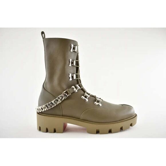 Christian Louboutin Horse Flat Silex Grey Leather Combat Lace Up Chain Boot 37 - Picture 2 of 12